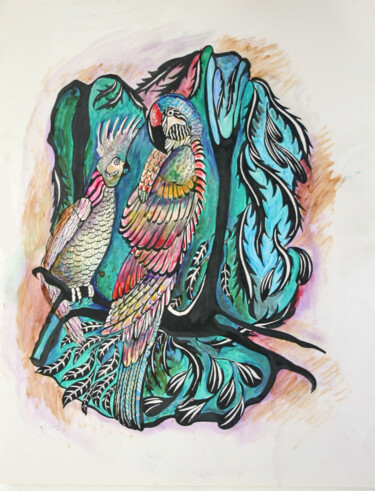 Painting titled "Exotic Birds" by Cheryl Paolini, Original Artwork, Acrylic