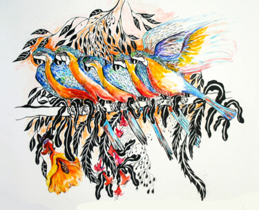 Malerei mit dem Titel "Parrots Perching" von Cheryl Paolini, Original-Kunstwerk, Acryl