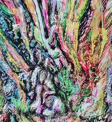 L’immigré fatigué et trembant de peur se cache dans la forêt Dessin intitulée "L’immigré fatigué e…" par Richard Raveen Chester, Œuvre d'art originale, Travail numérique 2D
