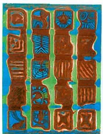 Printmaking titled "The four totem poles" by Richard Raveen Chester, Original Artwork, Engraving