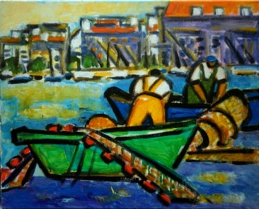 Painting titled "FISHERS MEN BOATS A…" by Jean-Pierre Chevassus-Agnes, Original Artwork, Oil