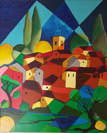 Painting titled "Village perché" by Laurence Faye, Original Artwork, Acrylic