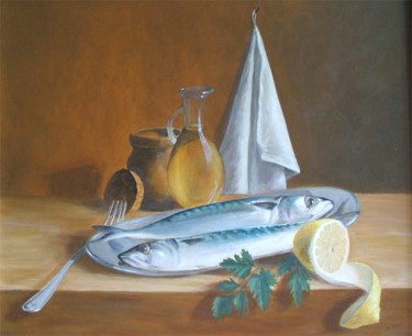 Peinture intitulée "maquereaux et citron" par Christiane Heydon, Œuvre d'art originale