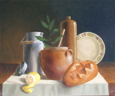 Peinture intitulée "Pot à lait et pain" par Christiane Heydon, Œuvre d'art originale