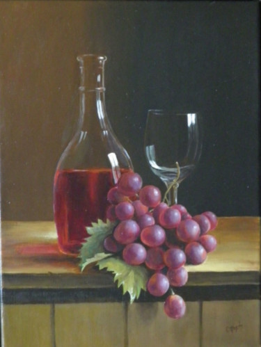 Peinture intitulée "carafe-et-raisins-r…" par Christiane Heydon, Œuvre d'art originale