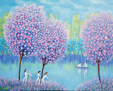 Painting titled "Spring by the lake" by Chi Nguyen, Original Artwork, Acrylic