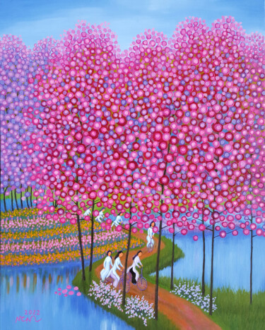 Painting titled "Pink road Painting" by Chi Nguyen, Original Artwork, Acrylic Mounted on Wood Stretcher frame
