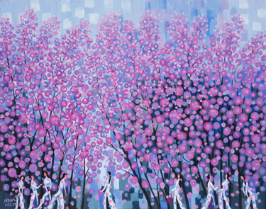 Peinture intitulée "Students and Flowers" par Chi Nguyen, Œuvre d'art originale, Acrylique Monté sur Châssis en bois