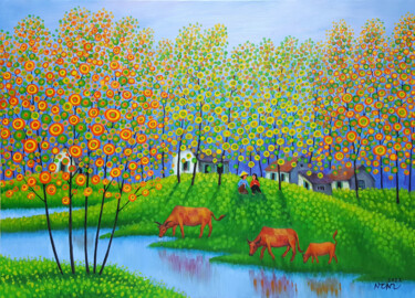 Peinture intitulée "Cowherd scene" par Chi Nguyen, Œuvre d'art originale, Acrylique