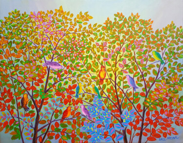 Pintura intitulada "Birds on the tree b…" por Chi Nguyen, Obras de arte originais, Acrílico