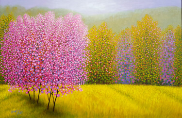 Pintura titulada "Landscape with pink…" por Chi Nguyen, Obra de arte original, Acrílico