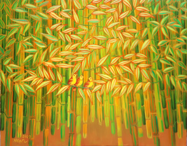 Schilderij getiteld "Bamboo forest" door Chi Nguyen, Origineel Kunstwerk, Acryl Gemonteerd op Frame voor houten brancard