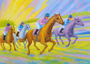 Painting titled "Sports horse racing" by Chi Nguyen, Original Artwork, Acrylic Mounted on Wood Stretcher frame