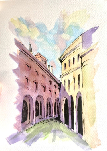 Malerei mit dem Titel "Street view of Bolo…" von Chiara Gomiselli (Chiara Go Arts), Original-Kunstwerk, Aquarell
