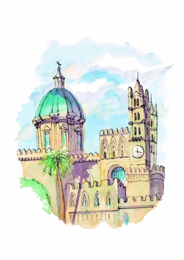 Painting titled "Palermo Cathedral I…" by Chiara Gomiselli (Chiara Go Arts), Original Artwork, Watercolor