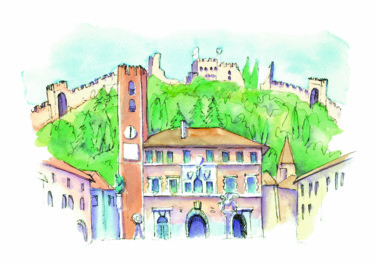 Chess Square in Marostica Italy - watercolor ink painting Peinture intitulée "Chess Square in Mar…" par Chiara Gomiselli (Chiara Go Arts), Œuvre d'art originale, Aquarelle