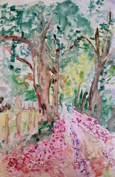 Peinture intitulée "Tapis de cyclamens" par Chiara M., Œuvre d'art originale, Aquarelle