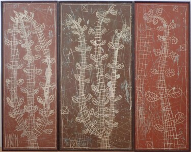 Schilderij getiteld "Les Bois" door Chica Boyriven, Origineel Kunstwerk, Xylograaf Gemonteerd op Frame voor houten brancard