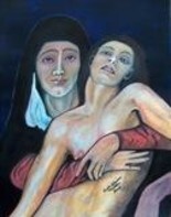 Painting titled "Mother with her Chi…" by Chicana Artist.... Ruth Olivar Millan, Original Artwork, Oil
