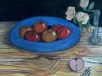Painting titled "Blue Plate Special…" by Chicana Artist.... Ruth Olivar Millan, Original Artwork