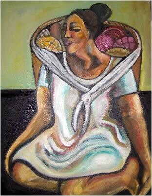 Painting titled "Mujer con Pan Bread…" by Chicana Artist.... Ruth Olivar Millan, Original Artwork