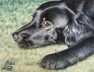 Painting titled "Flat coated Retriev…" by Arts & Dogs, Original Artwork, Oil
