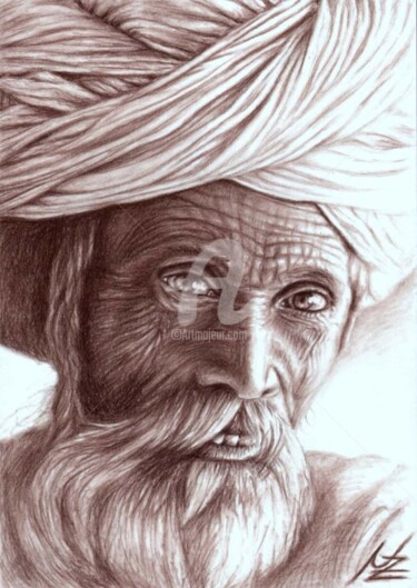 Painting titled "Old Indian Man" by Arts & Dogs, Original Artwork, Oil