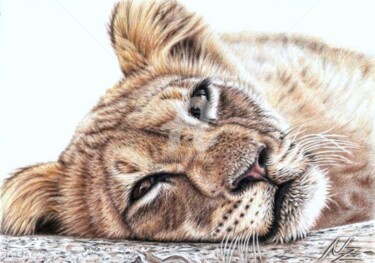 Painting titled "Tired Young Lion" by Arts & Dogs, Original Artwork, Oil