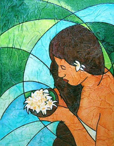 Peinture intitulée "L'offrande au lagon" par Sonja Chiffot, Œuvre d'art originale, Huile