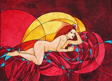 Peinture intitulée "Vénus aux draps rou…" par Sonja Chiffot, Œuvre d'art originale, Huile
