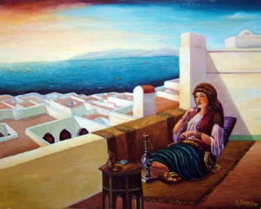 Painting titled "Rym à la terrasse" by Redha Chikh Bled, Original Artwork, Oil