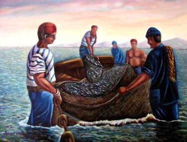 Painting titled "Le retour des pêche…" by Redha Chikh Bled, Original Artwork, Oil