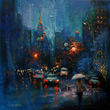 Painting titled "blue rain and city" by Chin H Shin, Original Artwork, Oil