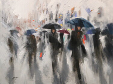 Schilderij getiteld "Winter Walk" door Chin H Shin, Origineel Kunstwerk, Olie Gemonteerd op Frame voor houten brancard