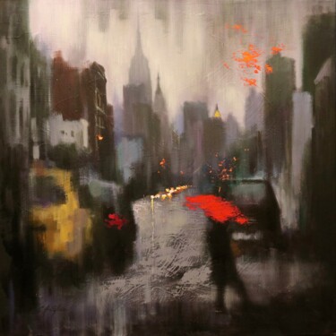 Pittura intitolato "A Rainy Day Walker" da Chin H Shin, Opera d'arte originale, Olio