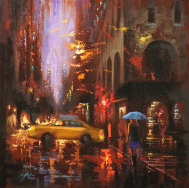 Painting titled "Gramercy Evening" by Chin H Shin, Original Artwork, Oil Mounted on Wood Stretcher frame