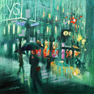 Painting titled "Passing Macy's in R…" by Chin H Shin, Original Artwork, Oil Mounted on Wood Stretcher frame