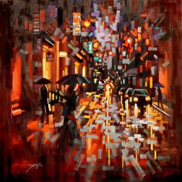 Pittura intitolato "Night Walk in Soho…" da Chin H Shin, Opera d'arte originale, Olio Montato su Telaio per barella in legno