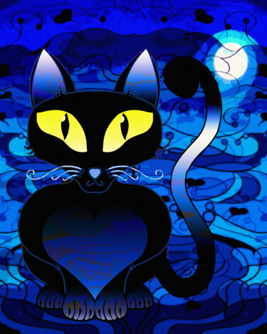 Digitale Kunst getiteld "Black Cat Midnight" door China Alicia Rivera, Origineel Kunstwerk, 2D Digital Work