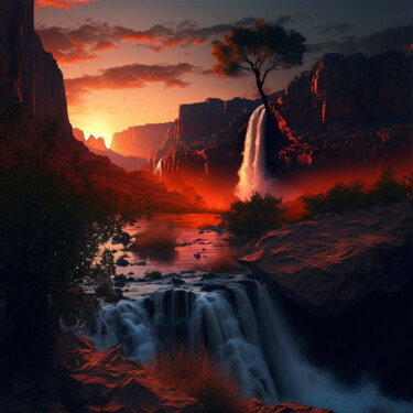 Grafika cyfrowa / sztuka generowana cyfrowo zatytułowany „Sunset Waterfall (0…” autorstwa China Alicia Rivera, Oryginalna pr…