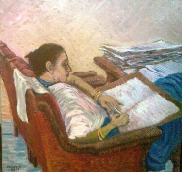Schilderij getiteld "Writer at Work" door Chinmaya Br, Origineel Kunstwerk, Olie