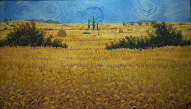 Schilderij getiteld "Yellow Fields" door Chinmaya Br, Origineel Kunstwerk, Olie