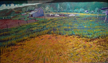 Malerei mit dem Titel "Heyfield and Barn" von Chinmaya Br, Original-Kunstwerk, Öl