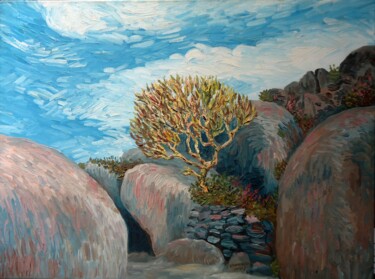 Peinture intitulée "old-tree-on-the-roc…" par Chinmaya Br, Œuvre d'art originale