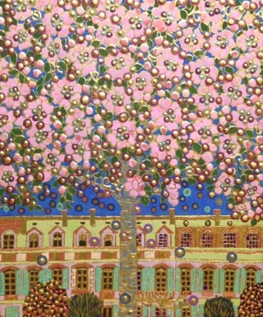 Malerei mit dem Titel "SOURIRE DE FLEURS" von Chiori Ohnaka, Original-Kunstwerk, Pigmente Auf Holzplatte montiert