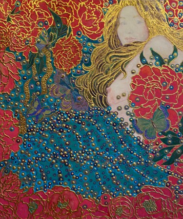 Painting titled "Madame Pivoine" by Chiori Ohnaka, Original Artwork, Pigments Mounted on Wood Panel