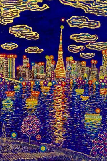 Pittura intitolato "Rainbow Color Night" da Chiori Ohnaka, Opera d'arte originale, pigmenti Montato su Pannello di legno
