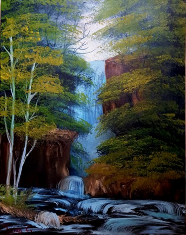 Painting titled "Waterfall in the fo…" by Tania Chirila, Original Artwork, Oil