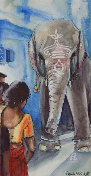 Schilderij getiteld "elephant-2.jpg" door Virginie Chloupek, Origineel Kunstwerk, Aquarel