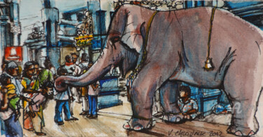 Schilderij getiteld "elephant-3.jpg" door Virginie Chloupek, Origineel Kunstwerk, Aquarel